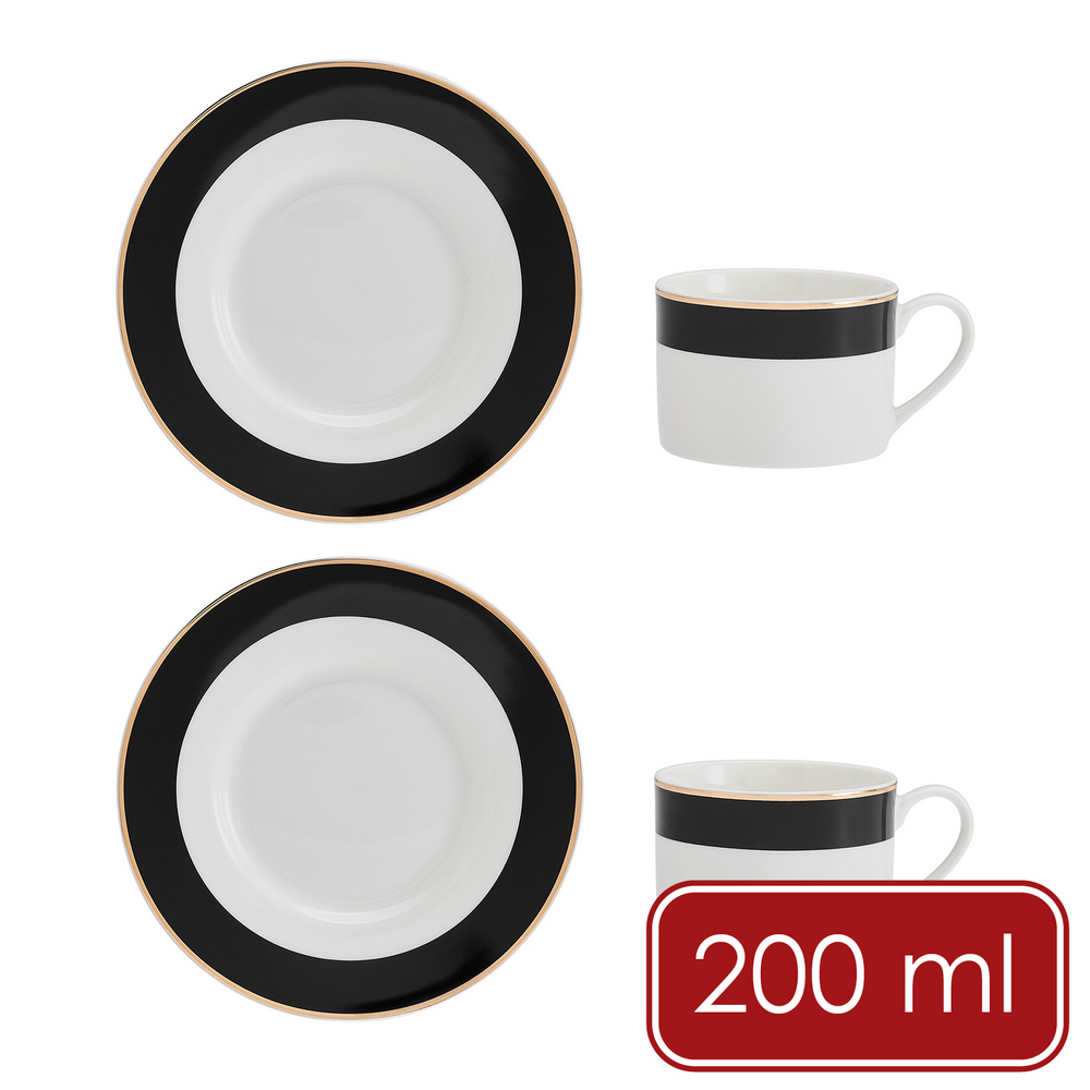 Mikasa Dinnerware 美國 Luxe Deco瓷製杯碟組2入(黑白200ml) / 咖啡杯 下午茶杯 英式午茶 杯盤 茶杯 可機洗 洗碗機可洗