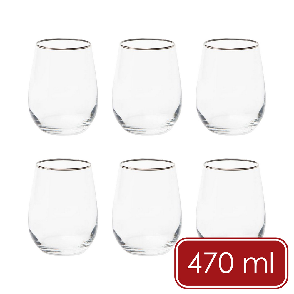 EXCELSA 義大利 Platinum玻璃杯6入(銀邊470ml) / 水杯 茶杯 咖啡杯 酒杯 可機洗 洗碗機可洗