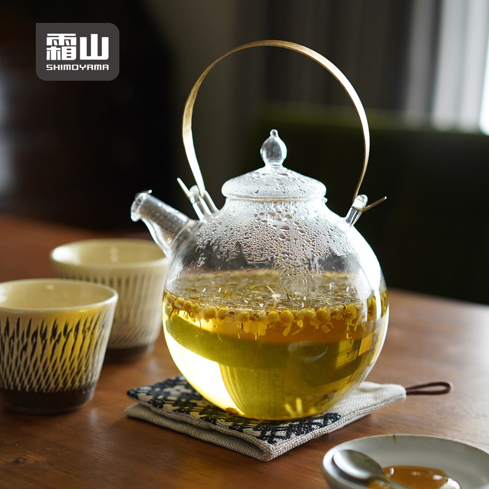 SHIMOYAMA 霜山 復古風黃銅握柄耐熱玻璃茶壺-1L
