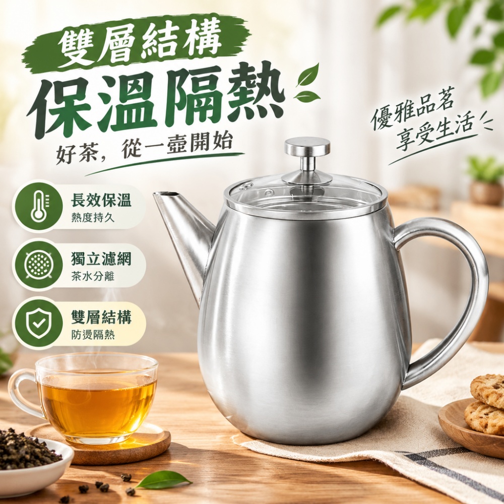 【芸白】茶壺 雙層不鏽鋼茶壺 保溫泡茶壺 茶水分離茶壺 內濾網茶壺 防燙不鏽鋼茶壺 沖茶壺 辦公泡茶壺