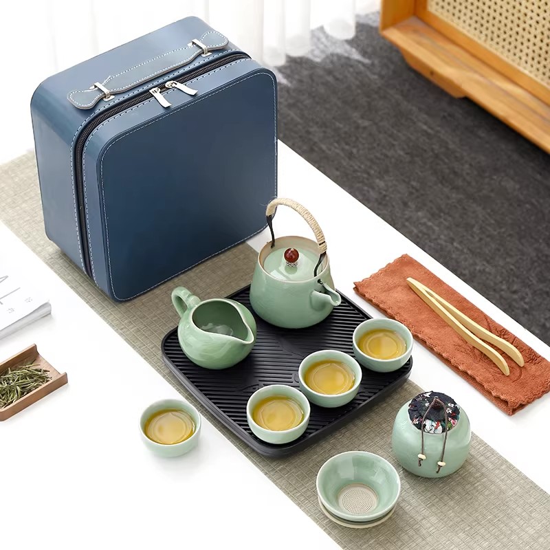 【匠心】哥窯旅行茶具 小套裝 壹壺四杯 便攜式包 戶外家用露營日式功夫泡茶壺 四方藍皮包