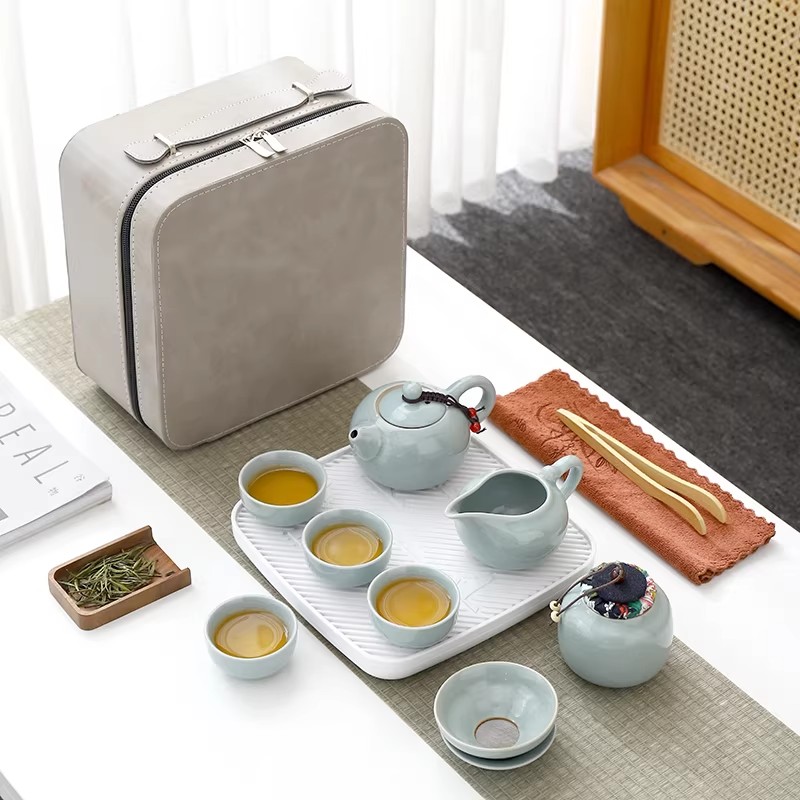 【匠心】哥窯旅行茶具 小套裝 壹壺四杯 便攜式包 戶外家用露營日式功夫泡茶壺 四方灰皮包