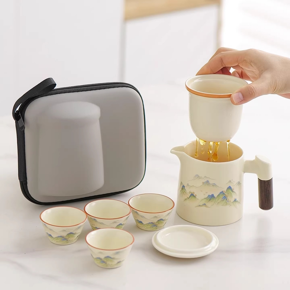 【匠心】便攜式旅行茶具套裝 陶瓷壹壺四杯 快客杯 戶外露營泡茶 功夫茶具 附便攜包