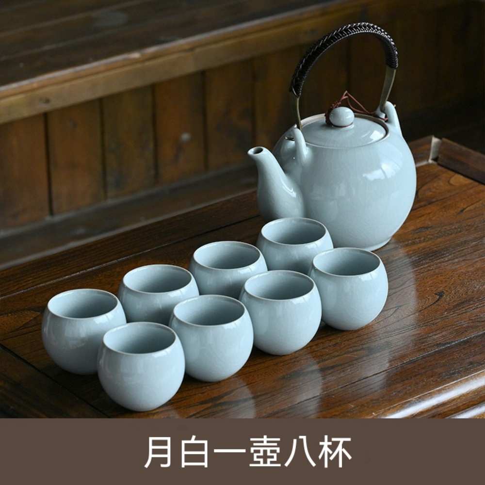 汝窯提梁壺大容量陶瓷過濾泡茶壺家用飯店沖茶器涼水壺杯子套裝青韻提梁