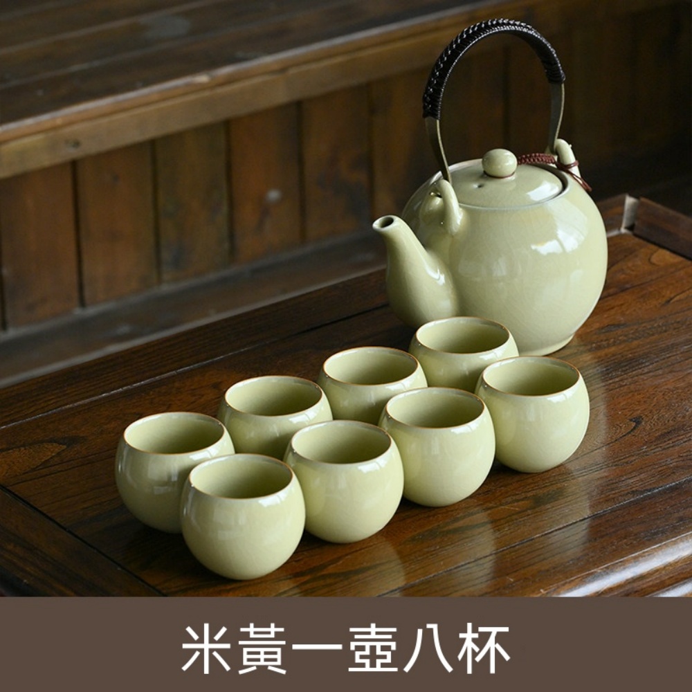 汝窯提梁壺大容量陶瓷過濾泡茶壺家用飯店沖茶器涼水壺杯子套裝青韻提梁