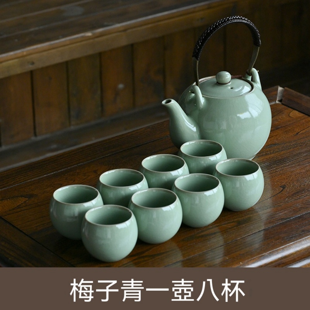 汝窯提梁壺大容量陶瓷過濾泡茶壺家用飯店沖茶器涼水壺杯子套裝青韻提梁