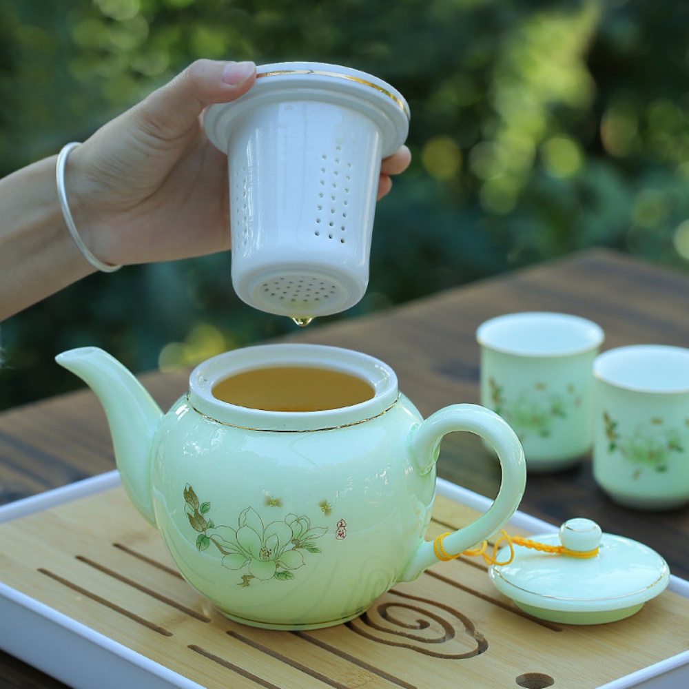 家用沖泡茶器 大號功夫茶具 單壺 茶杯子套裝 大茶壺套裝 竹韻陶瓷內膽套裝 陶瓷茶壺 帶過濾網