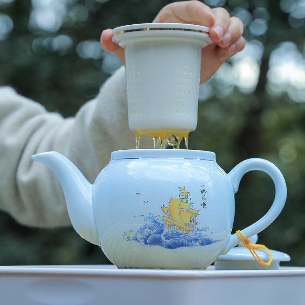 陶瓷泡茶壺 帶過濾網 大容量 家用茶杯子套裝 大號功夫茶具 單壺沖茶器 泡茶套裝 壹路相隨陶瓷內膽