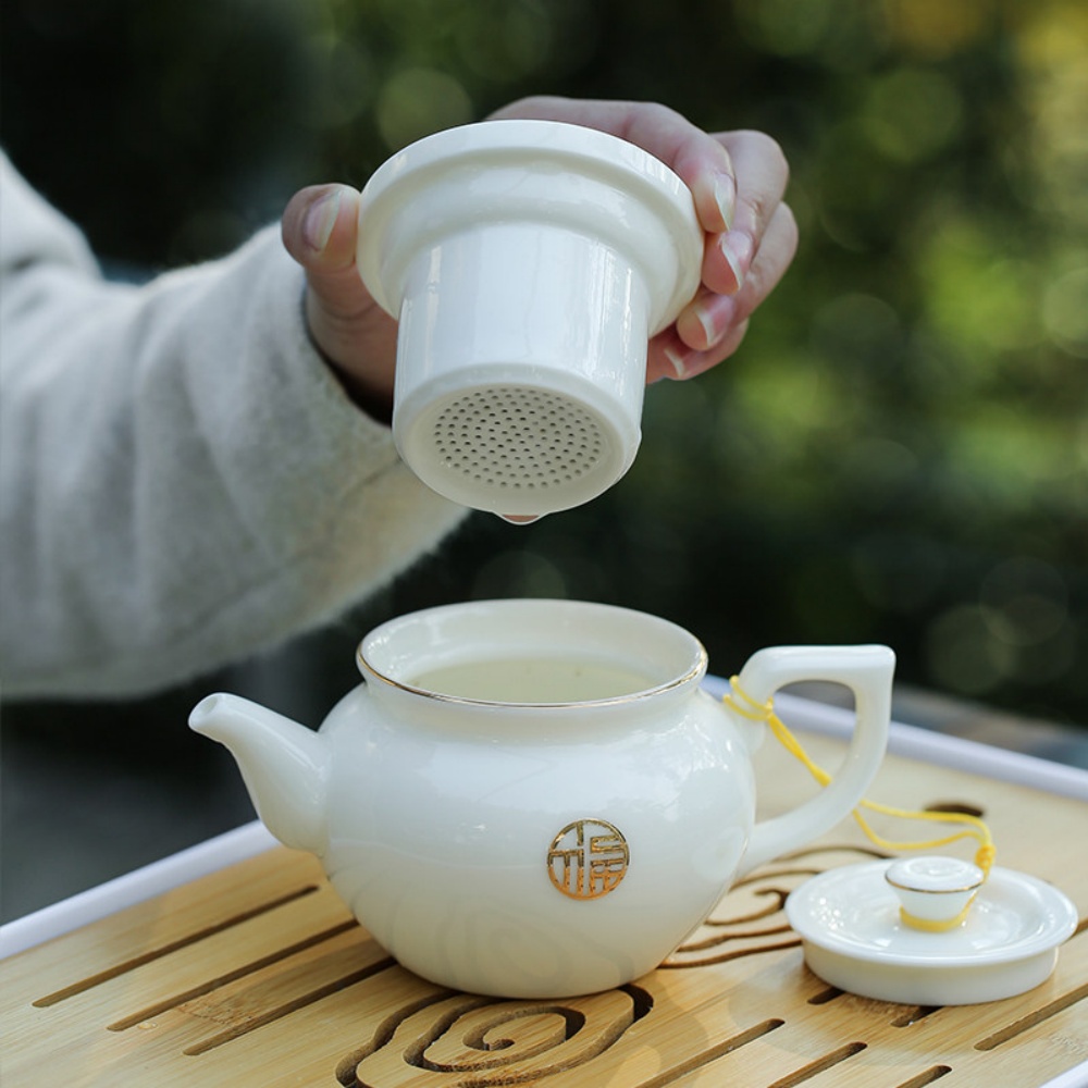 陶瓷過濾茶壺 單壺 白瓷小號 泡茶器 帶網隔內膽 家用功夫 茶具杯子套裝 白瓷套裝 福字白瓷過濾套裝