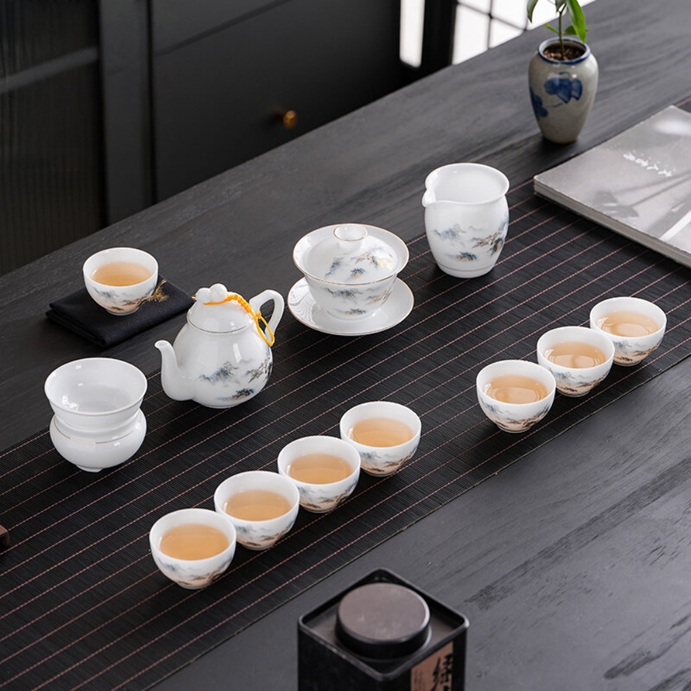 陶瓷功夫茶具套裝 冰種玉瓷 高端蓋碗 泡茶壺 杯子 家用辦公室 送禮品 冰種茶壺+蓋碗套裝禮盒包裝