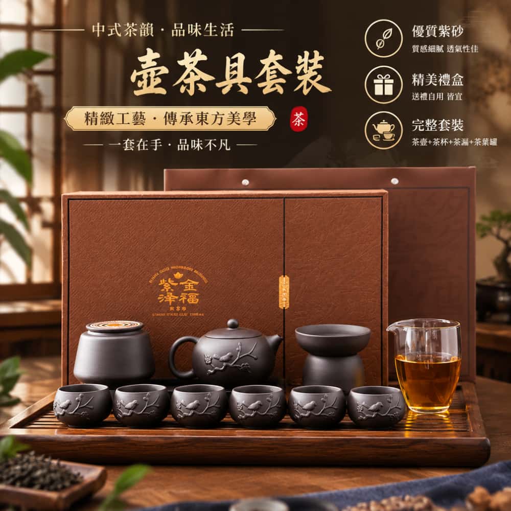 茶具套裝 茶壺 紫砂茶具組 11 件禮盒裝茶具 中式泡茶套組 茶杯 居家泡茶壺 泡茶器具 砂茶壺組