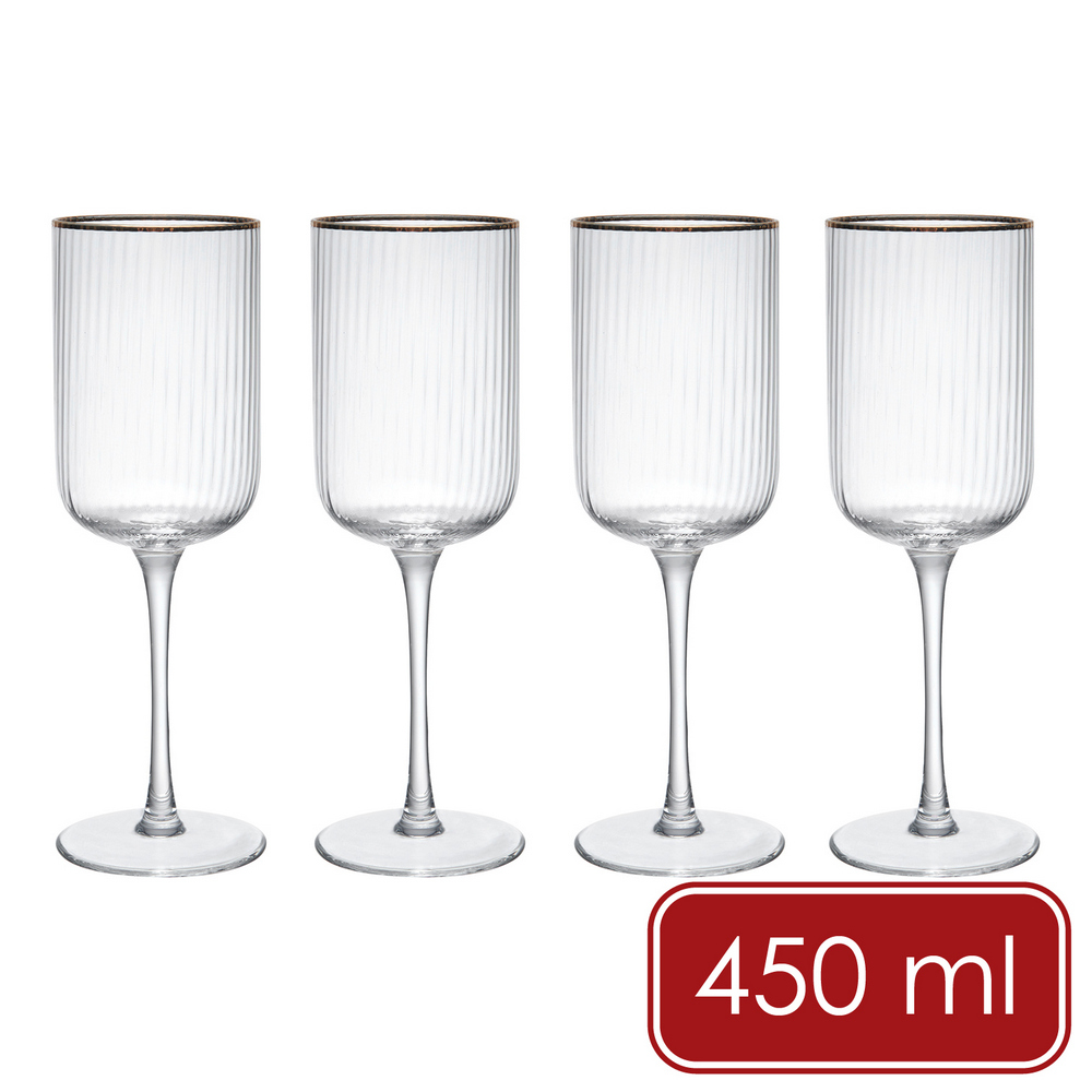 Mikasa Dinnerware 美國 Sorrento金邊水晶玻璃紅酒杯4入(豎紋450ml) / 調酒杯 雞尾酒杯 白酒杯