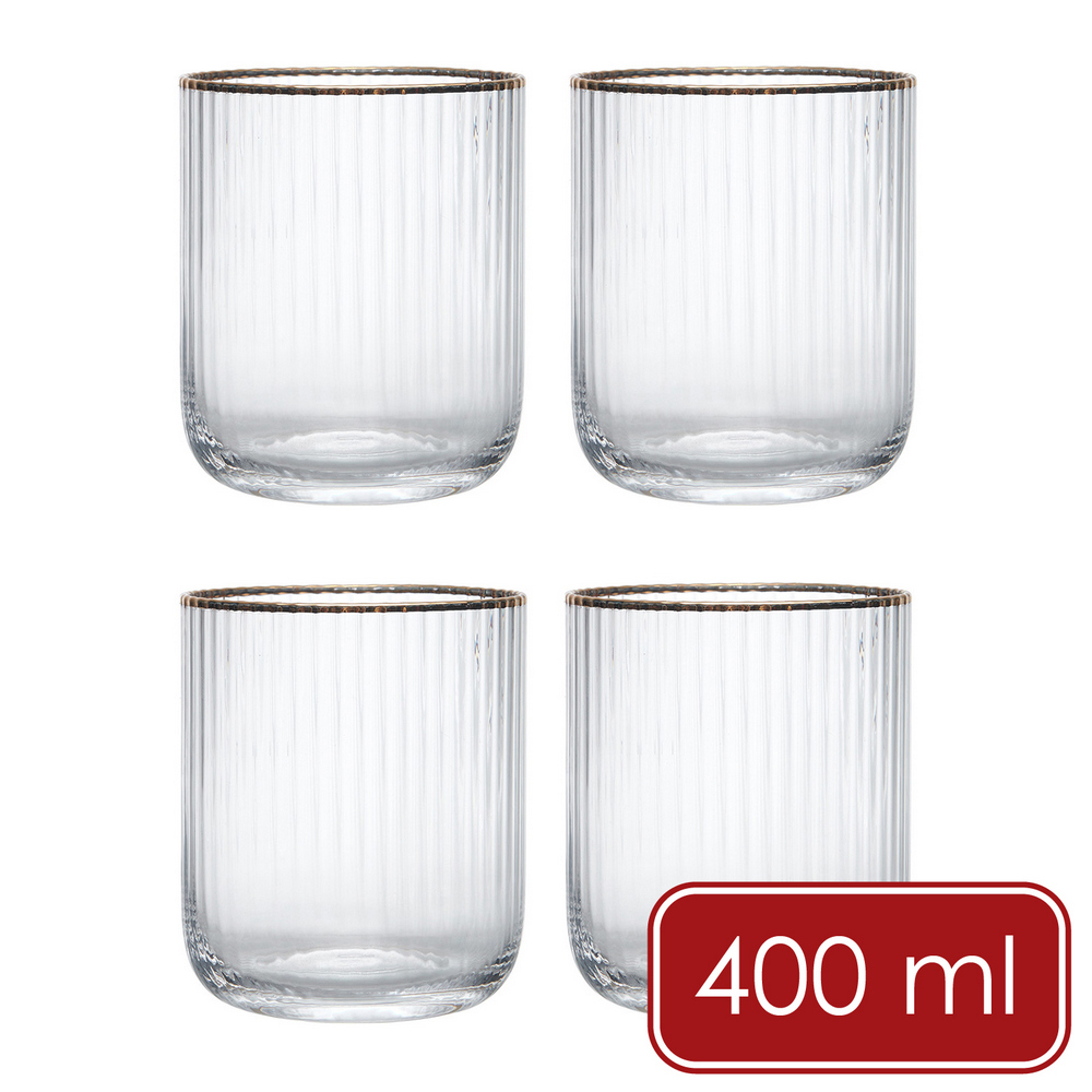 Mikasa Dinnerware 美國 Sorrento水晶玻璃杯4入(金邊豎紋400ml) / 水杯 茶杯 烈酒杯 威士忌杯 咖啡杯