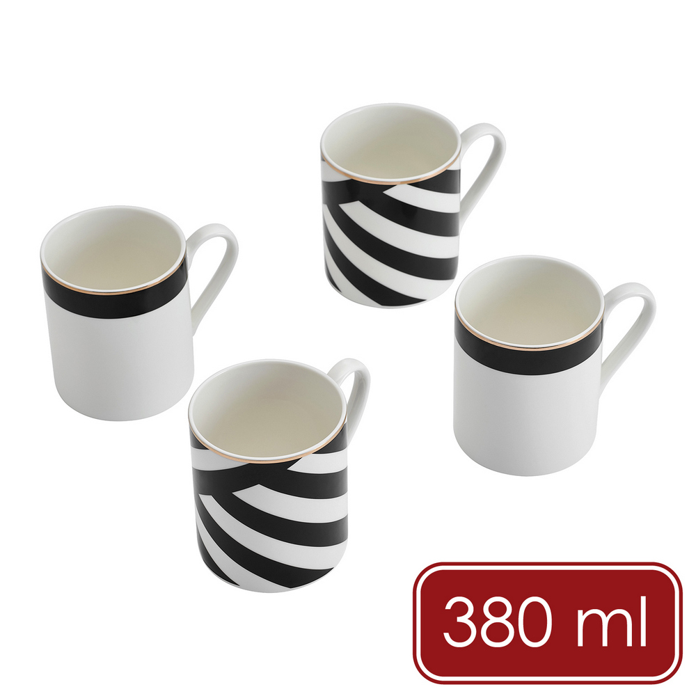 Mikasa Dinnerware 美國 Luxe Deco瓷製馬克杯4入(黑白斜紋380ml) / 水杯 茶杯 咖啡杯 可機洗 洗碗機可洗