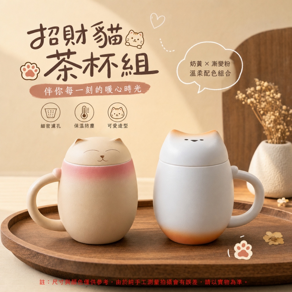 【匠造家】招財貓茶杯 茶水分離茶杯 辦公室泡茶杯 陶瓷馬克杯 創意過濾水杯 380ml茶水杯 一對裝