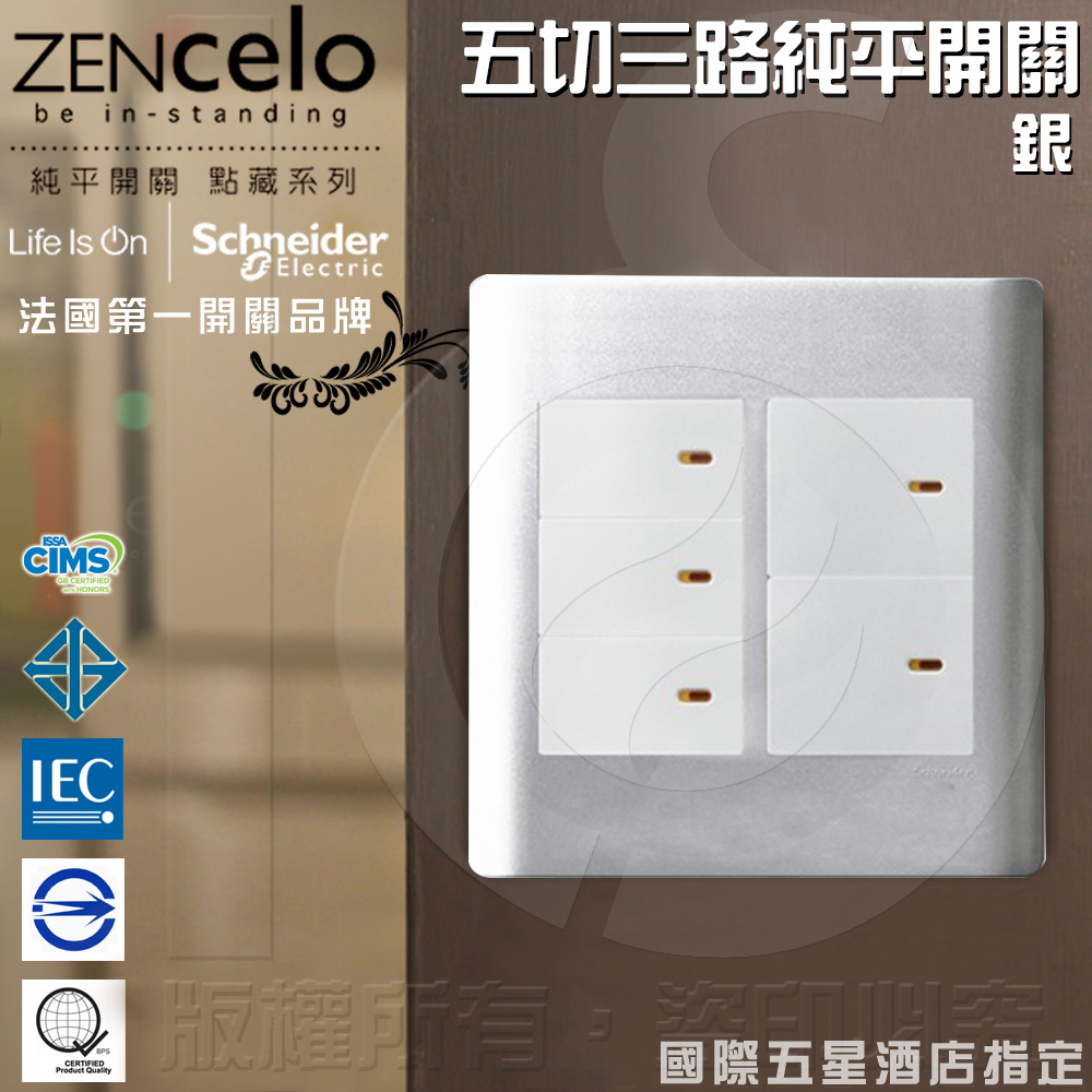 Schneider 施耐德 法國 ZENcelo系列 五切三路純平開關_銀