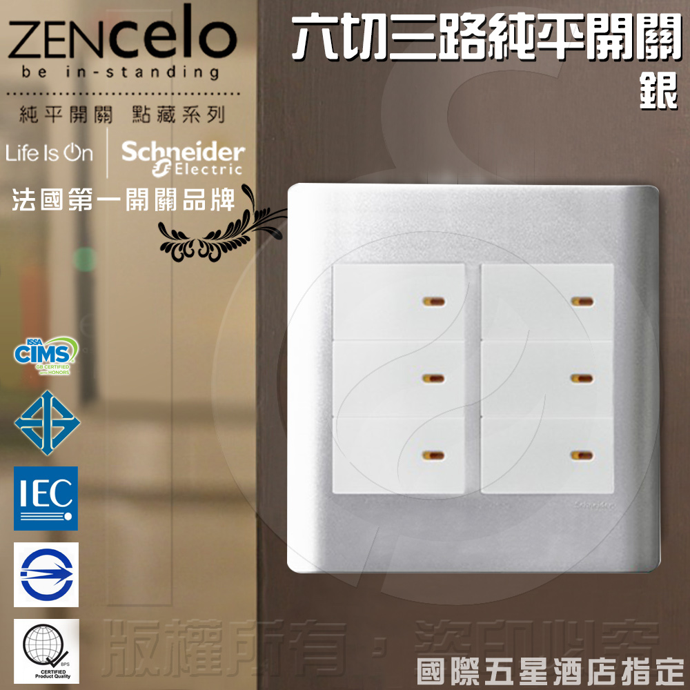 Schneider 施耐德法國ZENcelo系列六切三路純平開關_銀- PChome