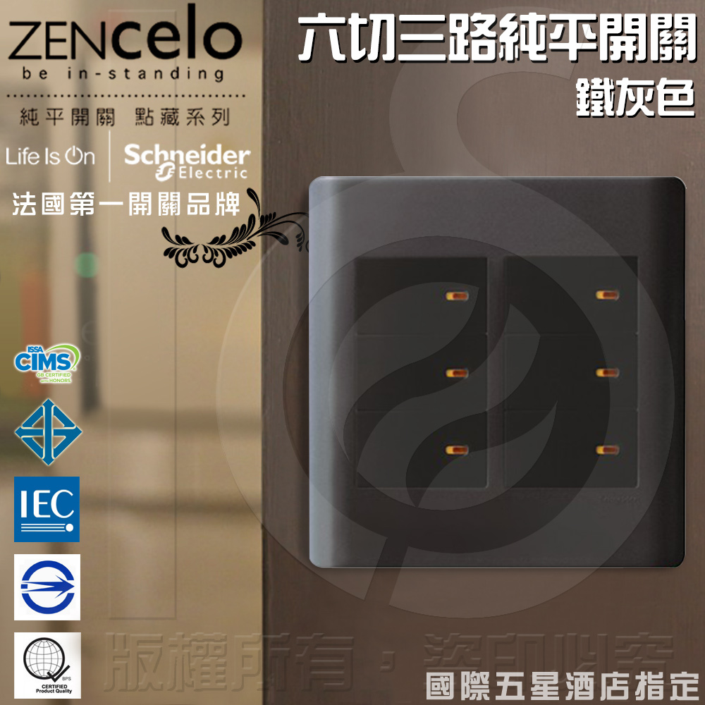 Schneider 施耐德 法國 ZENcelo系列 六切三路純平開關_鐵灰色（其他規格）