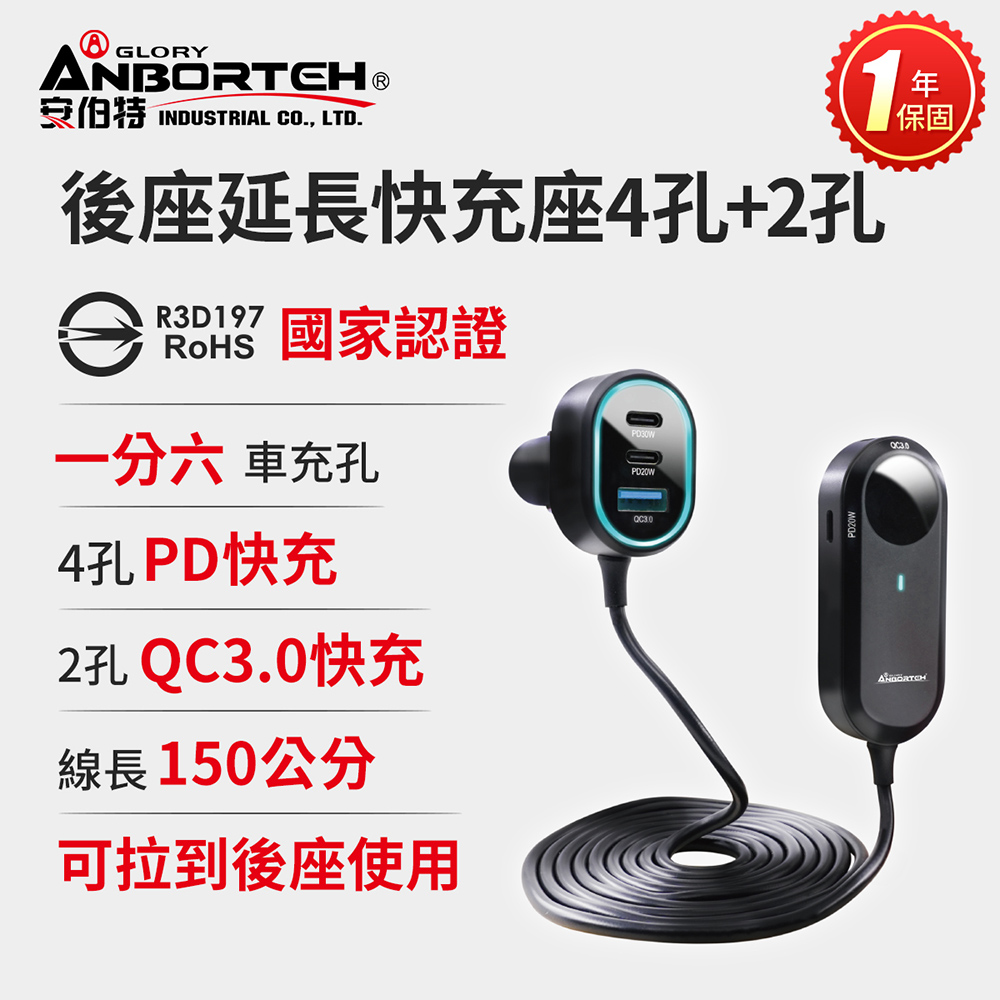 酷電大師 後座延長快充座4孔PD+2孔QC3.0 (國家認證 一年保固) 車充 PD快充 車用充電器
