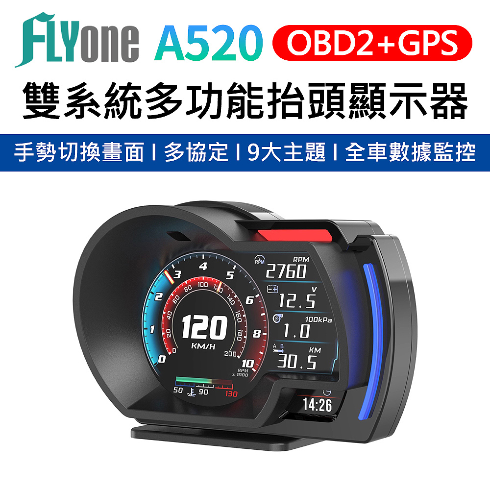FLYone A520 升級版 OBD2+GPS 雙系統多功能 手勢切換 HUD 汽車抬頭顯示器(升級開關線)