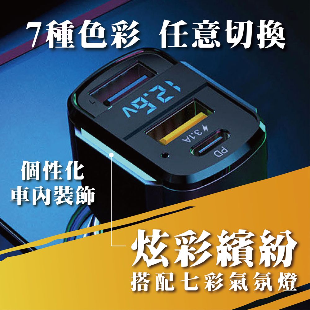 YARK 艷黑日式七彩車用快充-浪K7 ｜BSMI認證｜ PD快充 ｜大小車通用