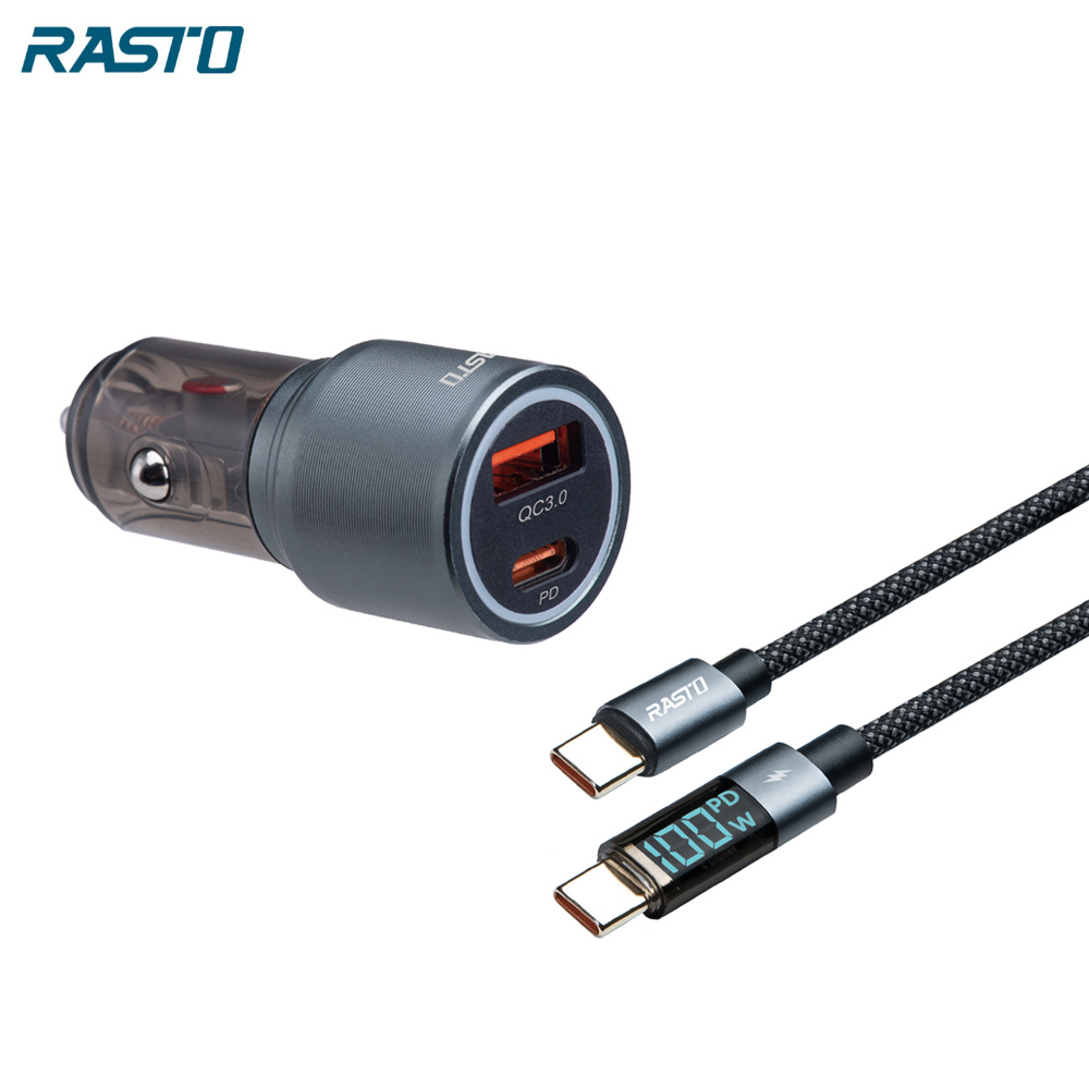 RASTO RB49 車用30W PD+QC3.0+100W C to C數顯快充傳輸充電組