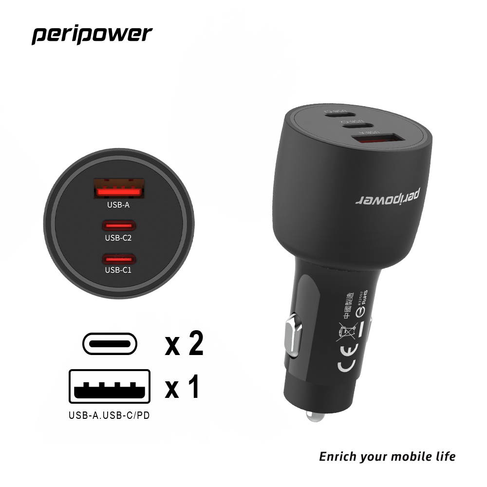 Peripower PS-02_極速 95W 雙 USB-C PD + QC 3.0 三孔車用快充