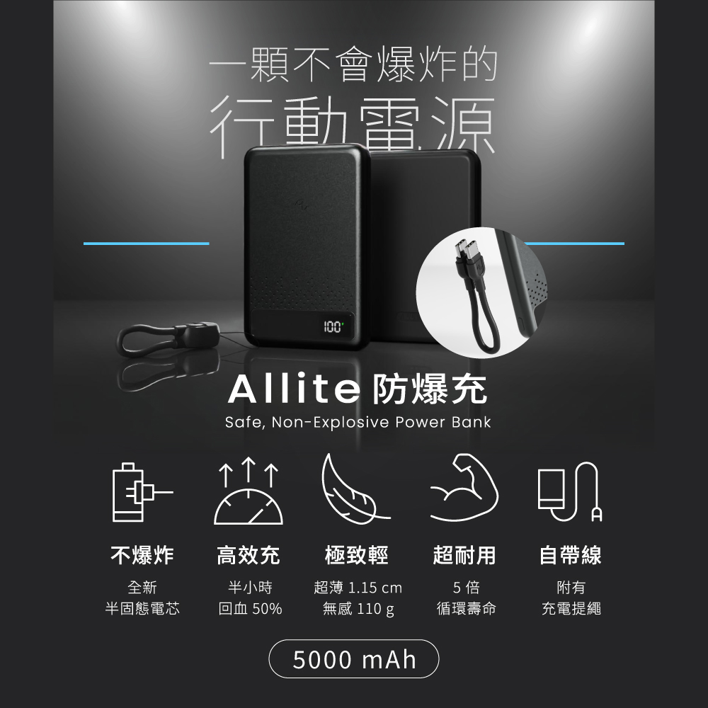 Allite 防爆充半固態行動電源5000mAh 1入/盒(型號SS-B05,產品標示Wh,可帶上飛機)（其他規格）