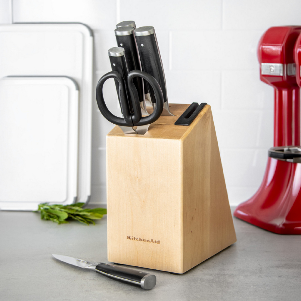 KitchenAid 美國 Gourmet樺木刀座+刀具6件(黑) / 主廚刀 麵包刀 蔬果刀 萬用刀 剪刀 磨刀器 可機洗 洗碗機可洗