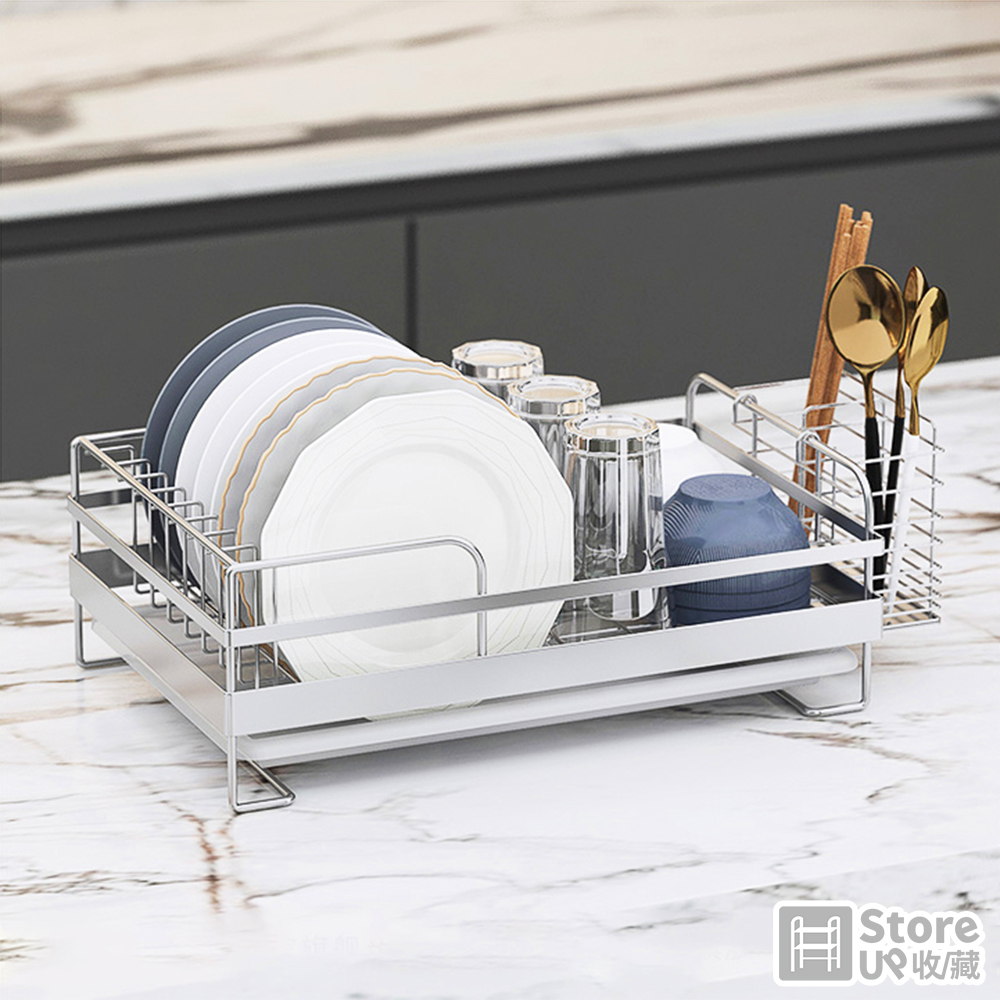 【Store up 收藏】頂級304不鏽鋼 杯碟碗盤瀝水架-附餐具筒+瀝水盤(AD109)