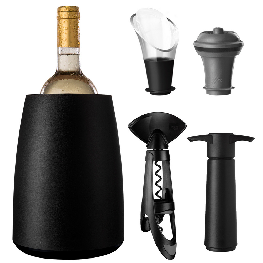 VACU VIN 荷蘭 保冷冰桶+開酒注酒抽真空組(黑) / 開酒器 開瓶器 瓶塞 酒塞 鋁箔刀 冰酒桶 可機洗 洗碗機可洗