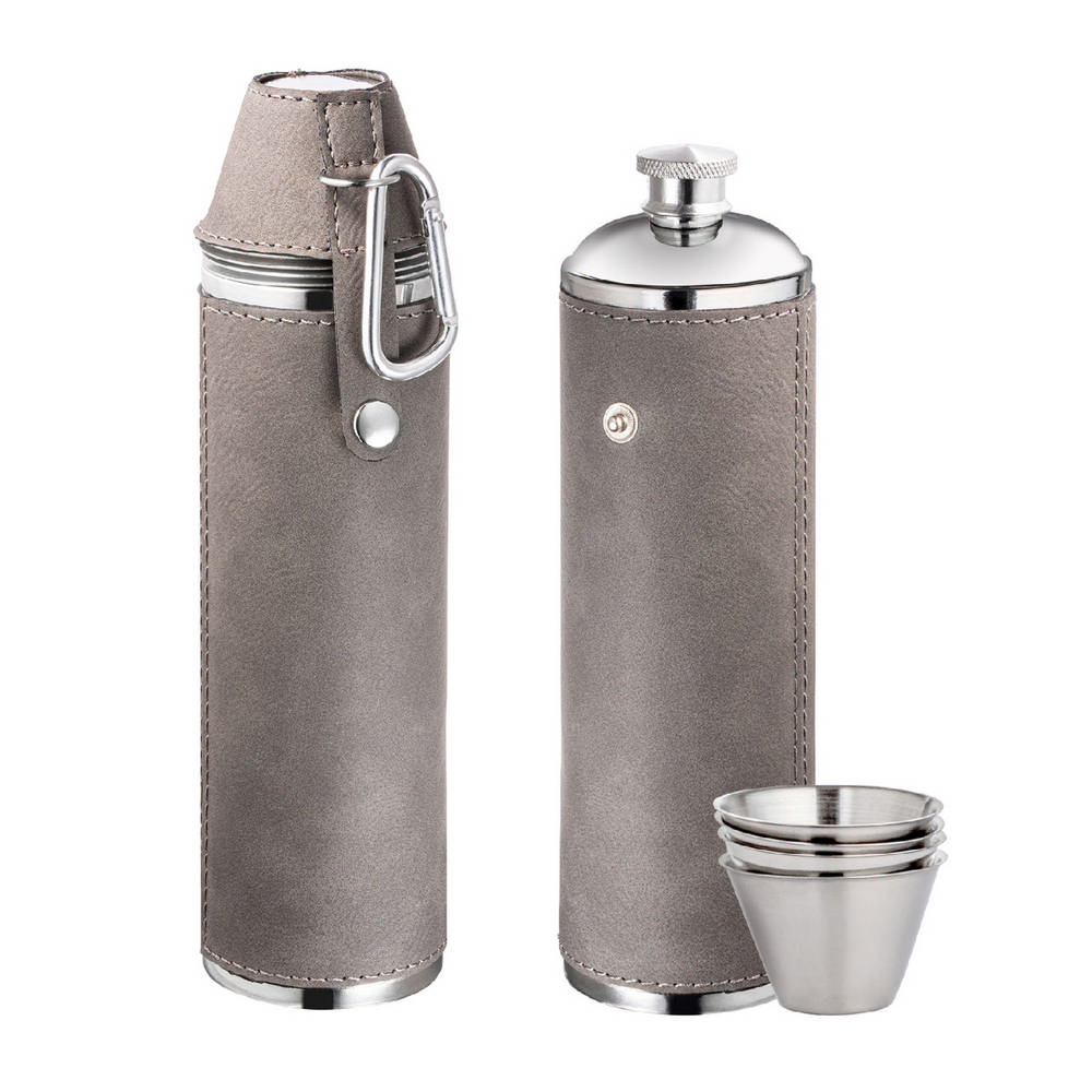 REFLECTS 德國 酒杯4入+隨行酒壺(灰350ml) / 隨身酒瓶 攜帶酒壺