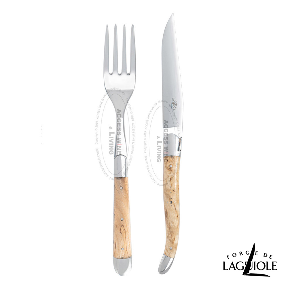 Forge de Laguiole 頂級手工樺木牛排刀叉禮盒組-亮面
