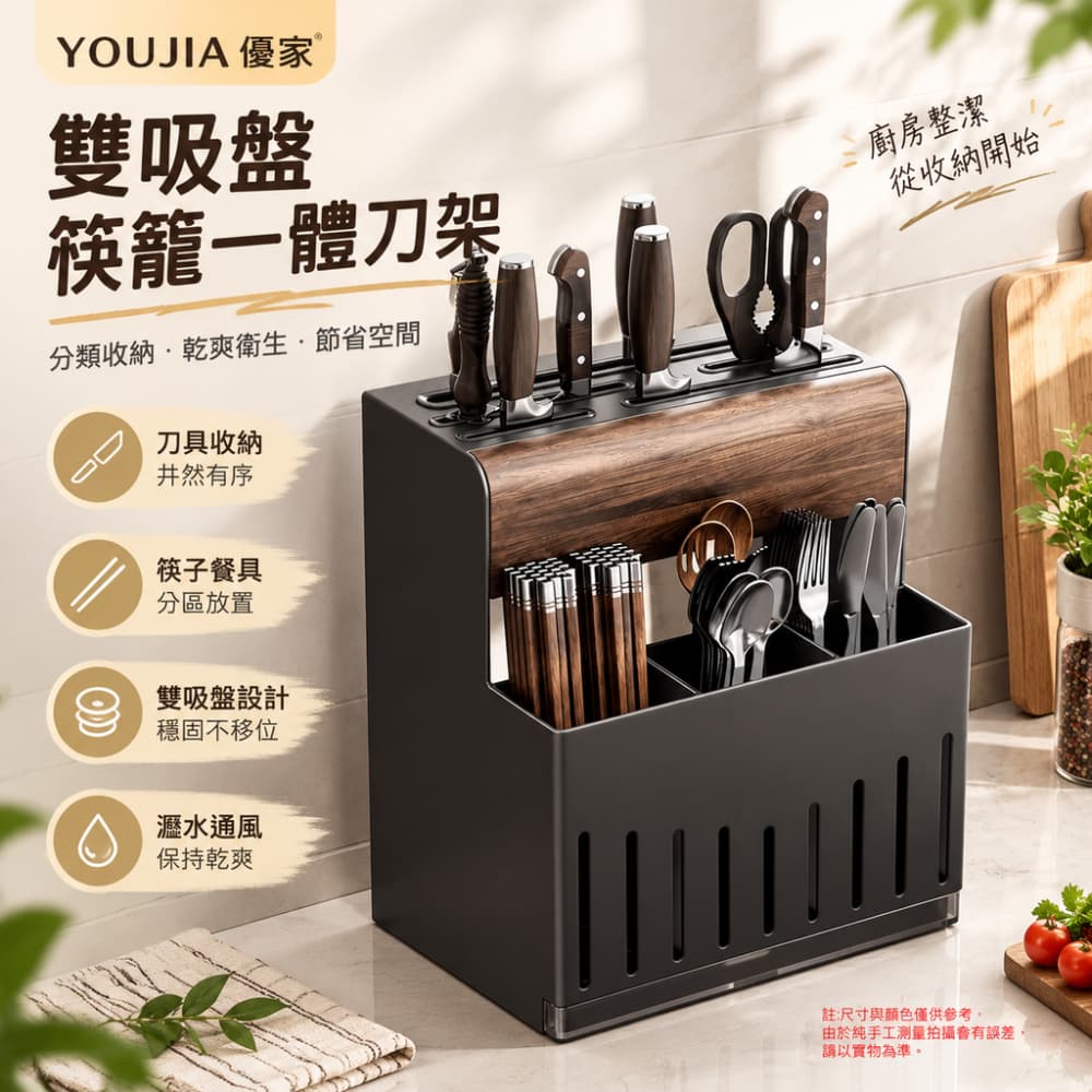 YOUJIA 優家 雙吸盤筷籠一體刀架 強力吸附 通風防霉 免打孔壁掛式刀具架 廚房菜刀架 刀具收納架 刀座