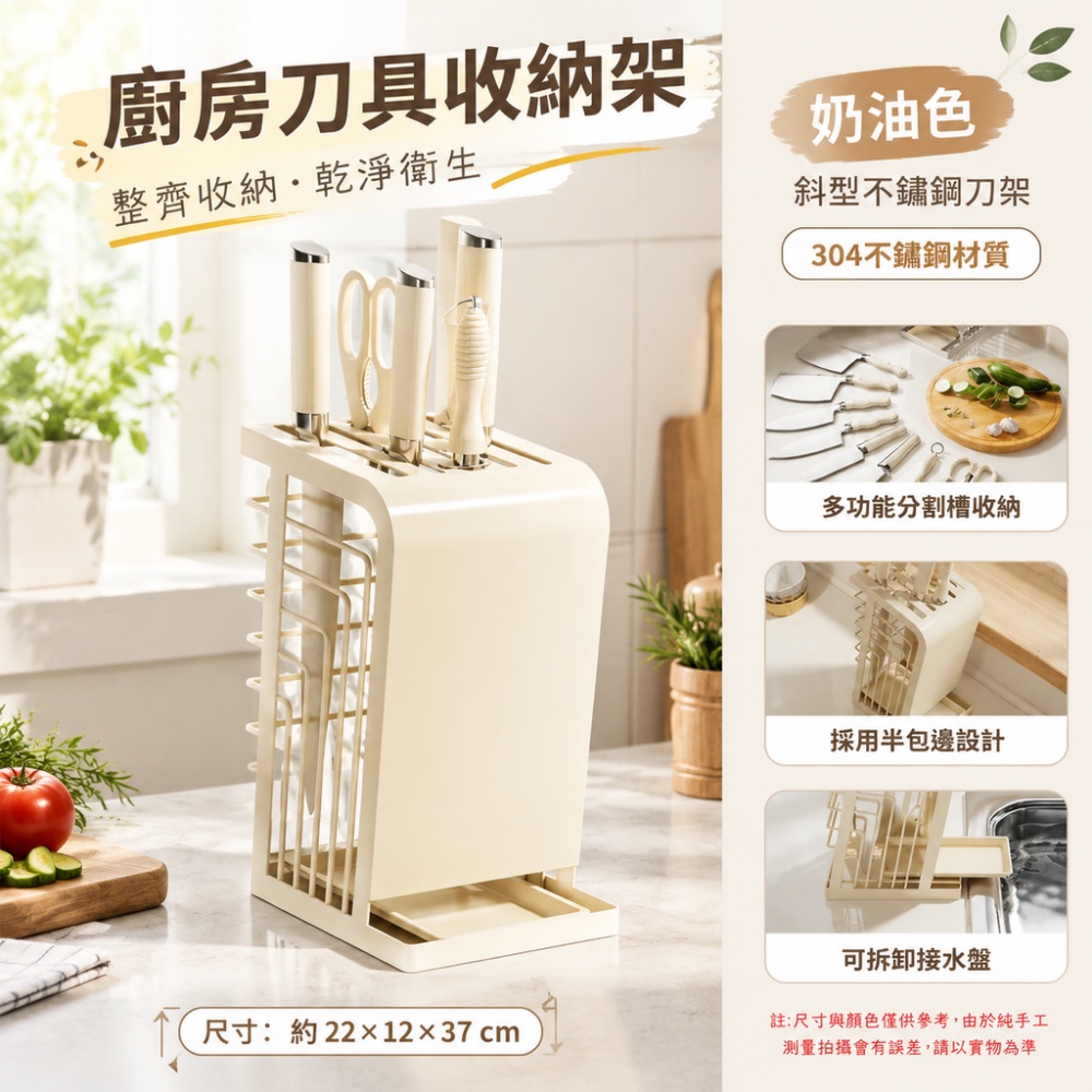 意馳 YICHI 不鏽鋼刀架 奶油色 櫥房置物架 刀具收納架 插刀架 菜刀架 刀具架