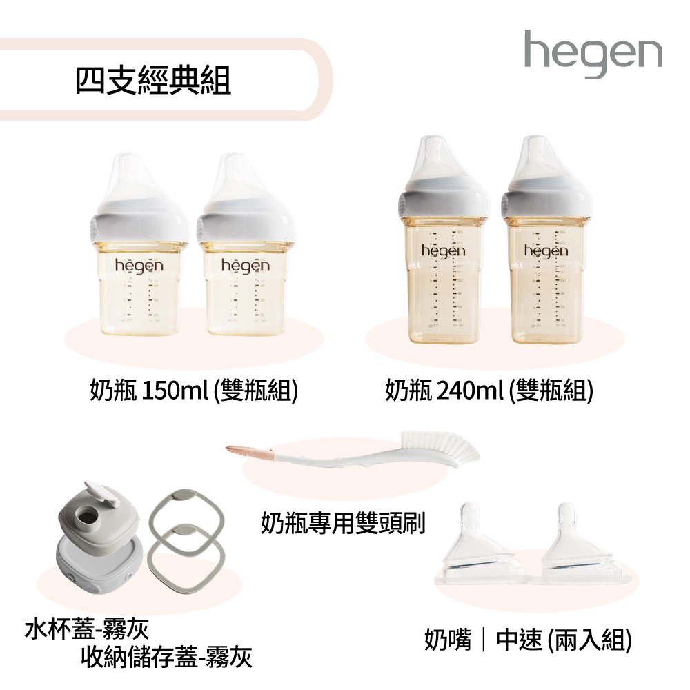 四支經典組 - (寬口奶瓶+奶嘴+水杯蓋+儲存蓋+專用刷)