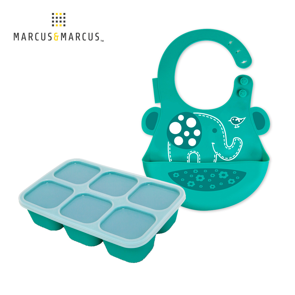 MARCUS & MARCUS 萌寶快樂用餐組(造型圍兜+分裝盒)-綠大象