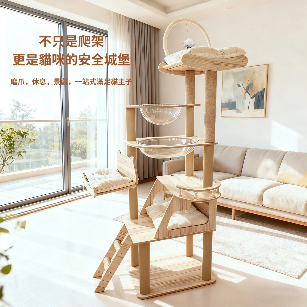 AOYi 190CM雙太空艙豪華雲端貓跳台 貓爬架(加大太空艙/大空間貓窩/劍麻牛津雙立柱/睡墊可拆洗)