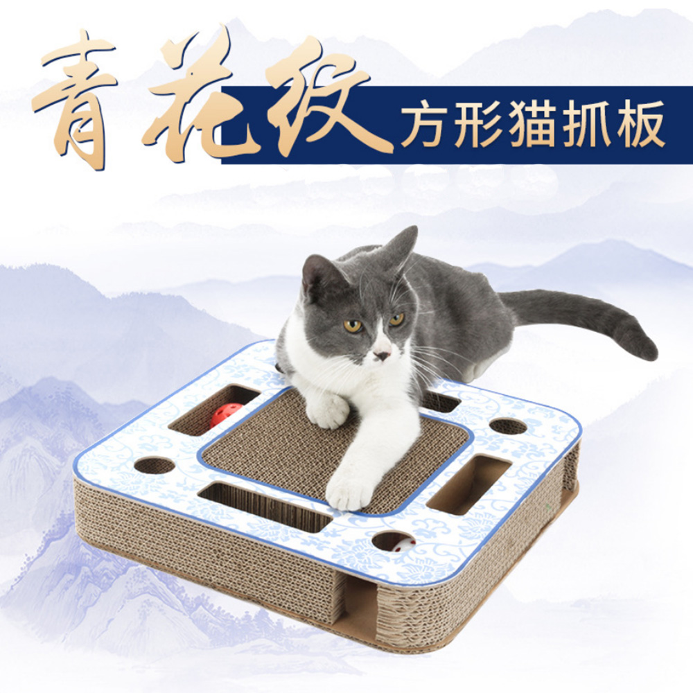 寵物愛家 大方型青花紋貓咪瓦楞多功能貓抓板