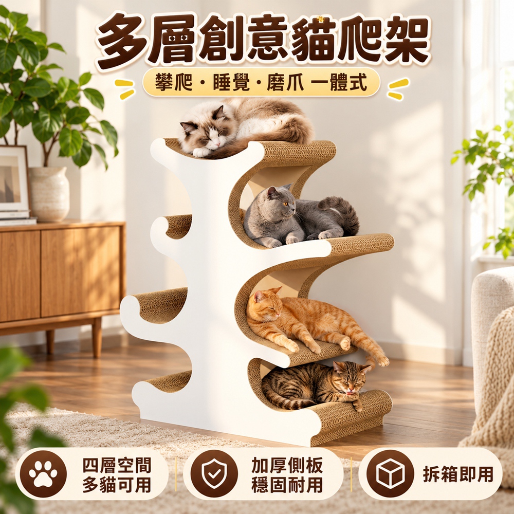[星何居]貓爬架 貓抓板 貓爪柱 貓咪玩具 擺件 家用瓦楞紙貓抓板(免安裝 攀爬/睡覺/磨爪一體式)