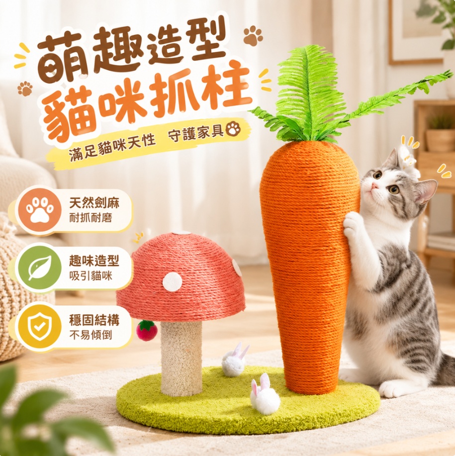 貓抓柱 胡蘿蔔蘑菇貓抓柱 40cm 劍麻貓抓柱 組合式貓抓板 卡通蘑菇貓抓柱 胡蘿蔔造型貓抓架