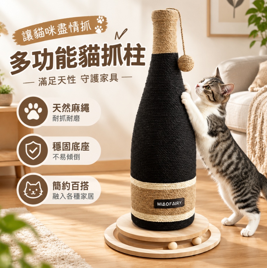 貓抓柱 酒瓶造型貓抓柱 63cm 麻繩貓抓柱 轉盤底座貓抓柱 立式劍麻貓抓板 創意香檳瓶貓抓架