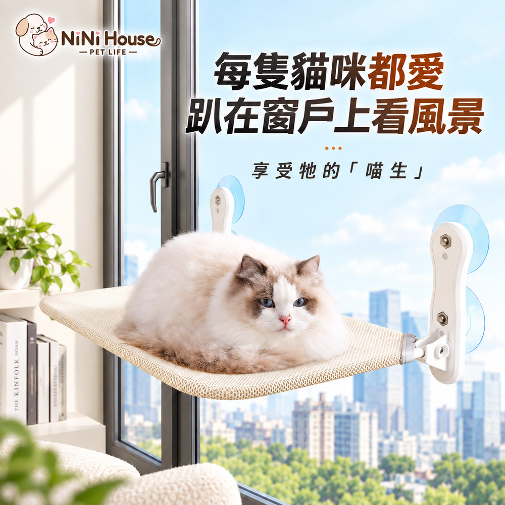 NiNi House 貓咪吊床 吸盤式窗戶吊床 窗邊貓窩 寵物吊床 貓窗台 透氣網布 免打孔 承重力強