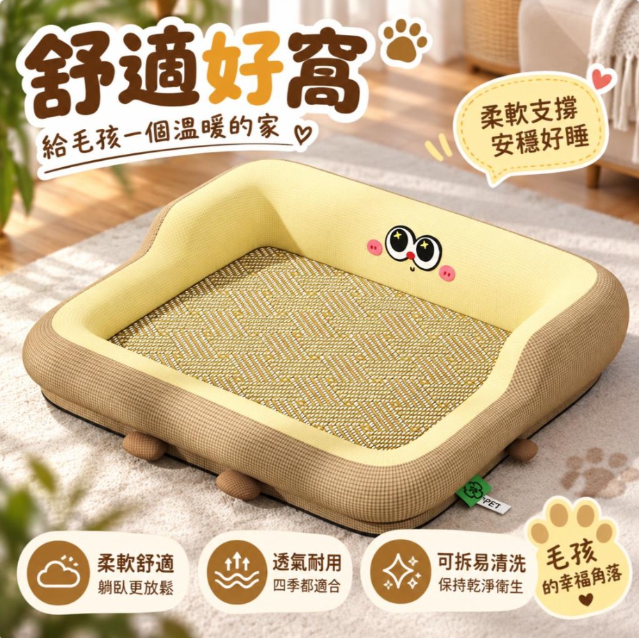 夏季涼感寵物窩 藤席面狗窩 卡通大眼貓狗窩 中小型犬涼窩 透氣降溫寵物床 夏天專用狗墊 可拆洗寵物涼窩