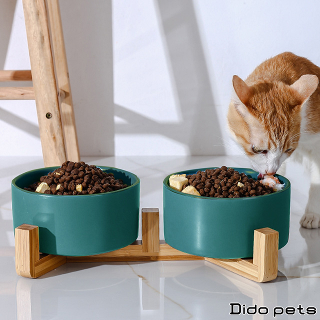 Dido Pets 日系陶瓷木架寵物碗-雙碗(白/灰/綠) (PT004)
