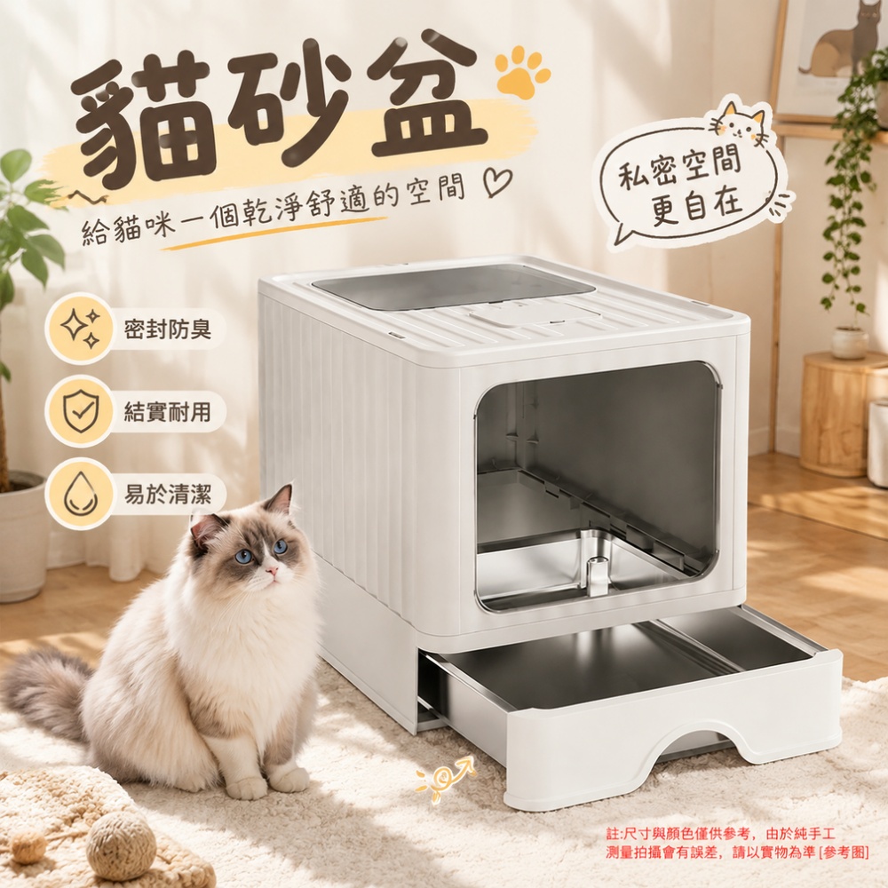 【佳美多】貓砂盆 全封閉貓砂盆 不鏽鋼貓砂盆 抽屜式貓砂盆 防濺貓砂盆 49×38×36cm 不鏽鋼內膽
