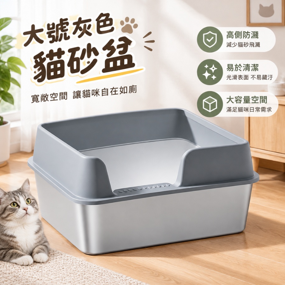 大號灰色貓砂盆 半開放貓砂盆 加高圍欄貓砂盆 濾砂踏板貓砂盆 貓廁所 防外濺貓砂盆 防帶砂貓砂盆