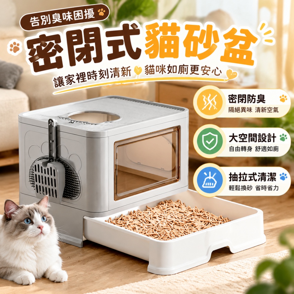【芸白】貓廁所 封閉式貓砂盆 防外濺貓砂盆 貓砂盆 可抽拉貓砂盆 塑膠貓廁所 貓咪如廁用品 貓砂盆