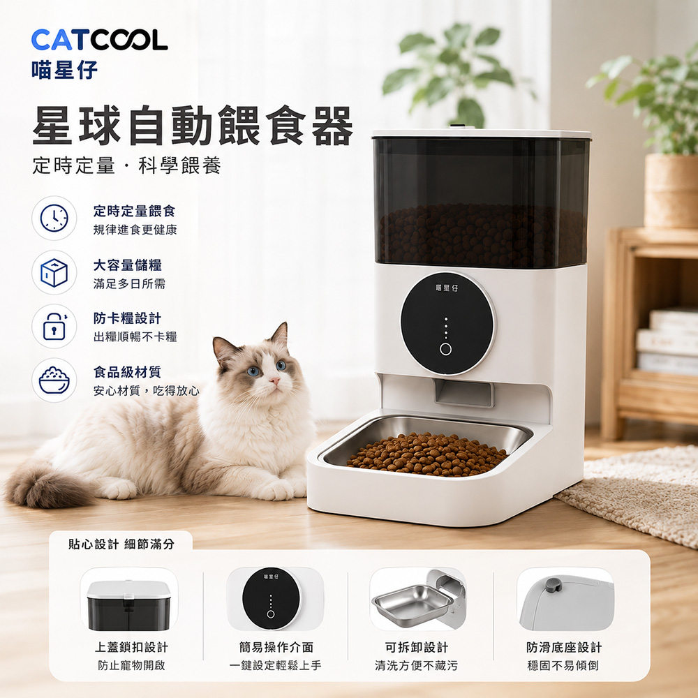 CATCOOL喵星仔-星球自動餵食器 4.5L(304不鏽鋼/APP/Wi-Fi連接)(-智能寵物餵食器WIFI)
