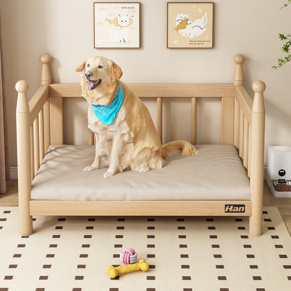 【暢麥】 寵物用品 狗窩 圍欄寵物床 護欄小型犬貓高架床 亞麻透氣窩墊 舒適睡眠寵床 S號+亞麻墊子